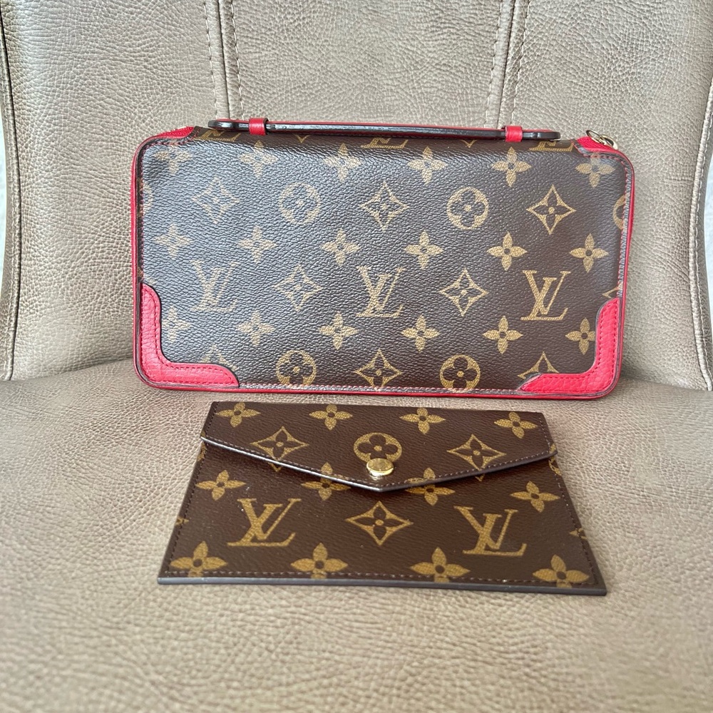 Louis Vuitton Daily Organizer Case Long Wallet Clutch Monogram & Cerise Red Trim